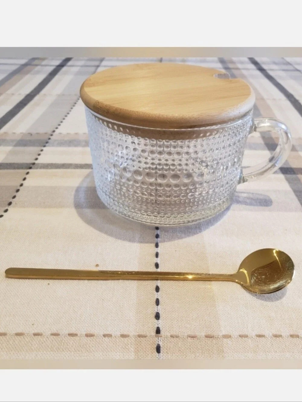 14oz. Vintage Style Glass Coffee Mug with Golden Spoon and Bamboo Lid